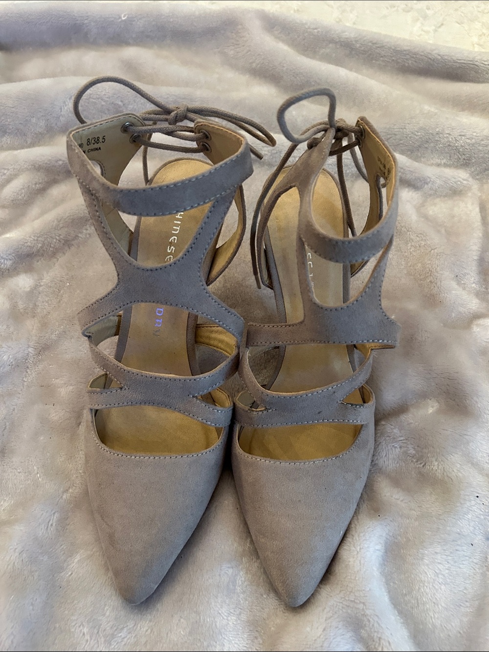 Women's Grey Suede Lace-Up Pointed Toe Heels